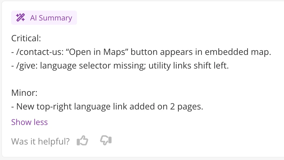AI-generated summary of visual changes, grouping the contact-us and give pages' critical layout issues above a minor language-link addition