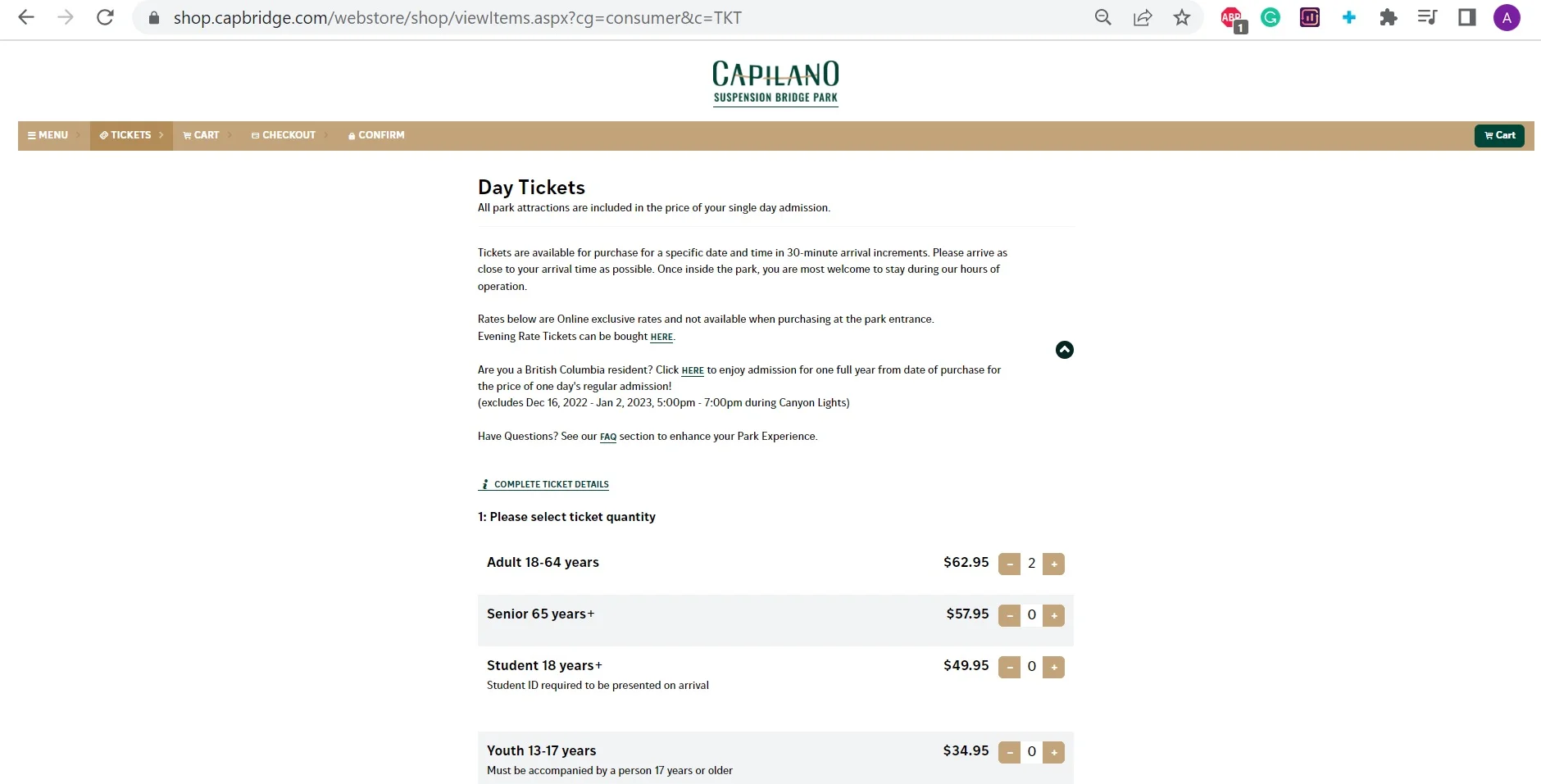 Full ticket options page in the Capilano purchase funnel