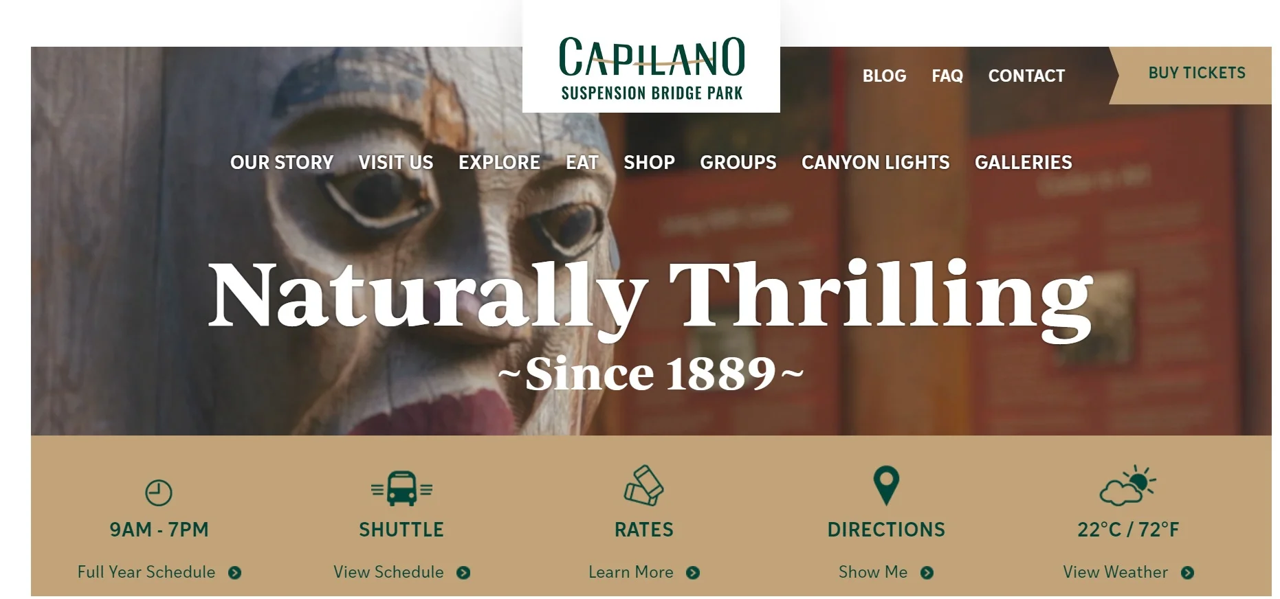 Homepage of the Capilano suspension bridge park website