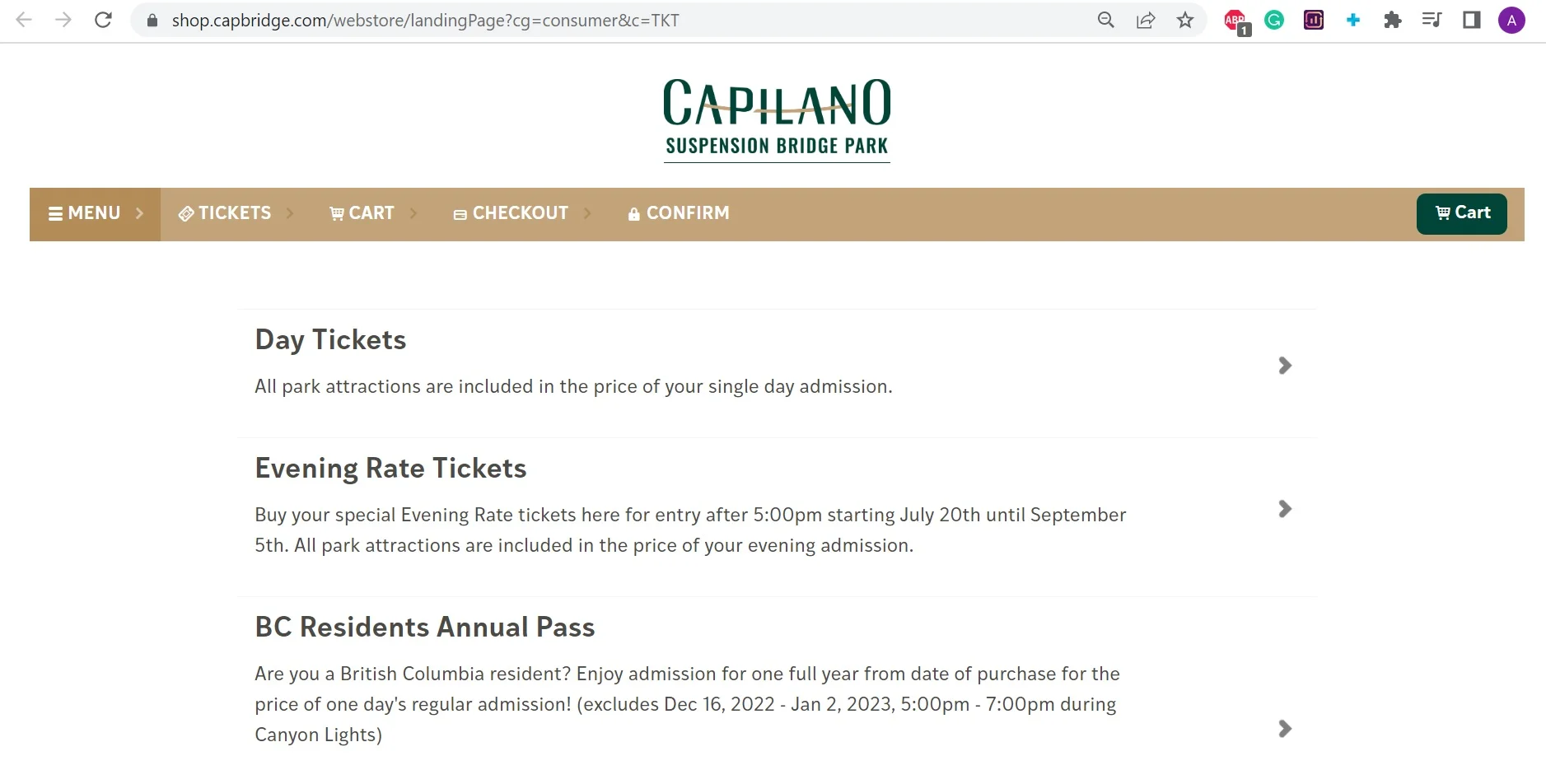 Day ticket purchase funnel on the Capilano website