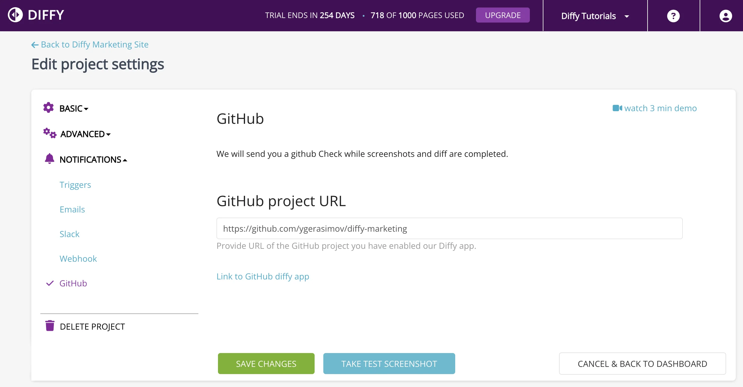 Specifying the GitHub repository in Diffy project settings