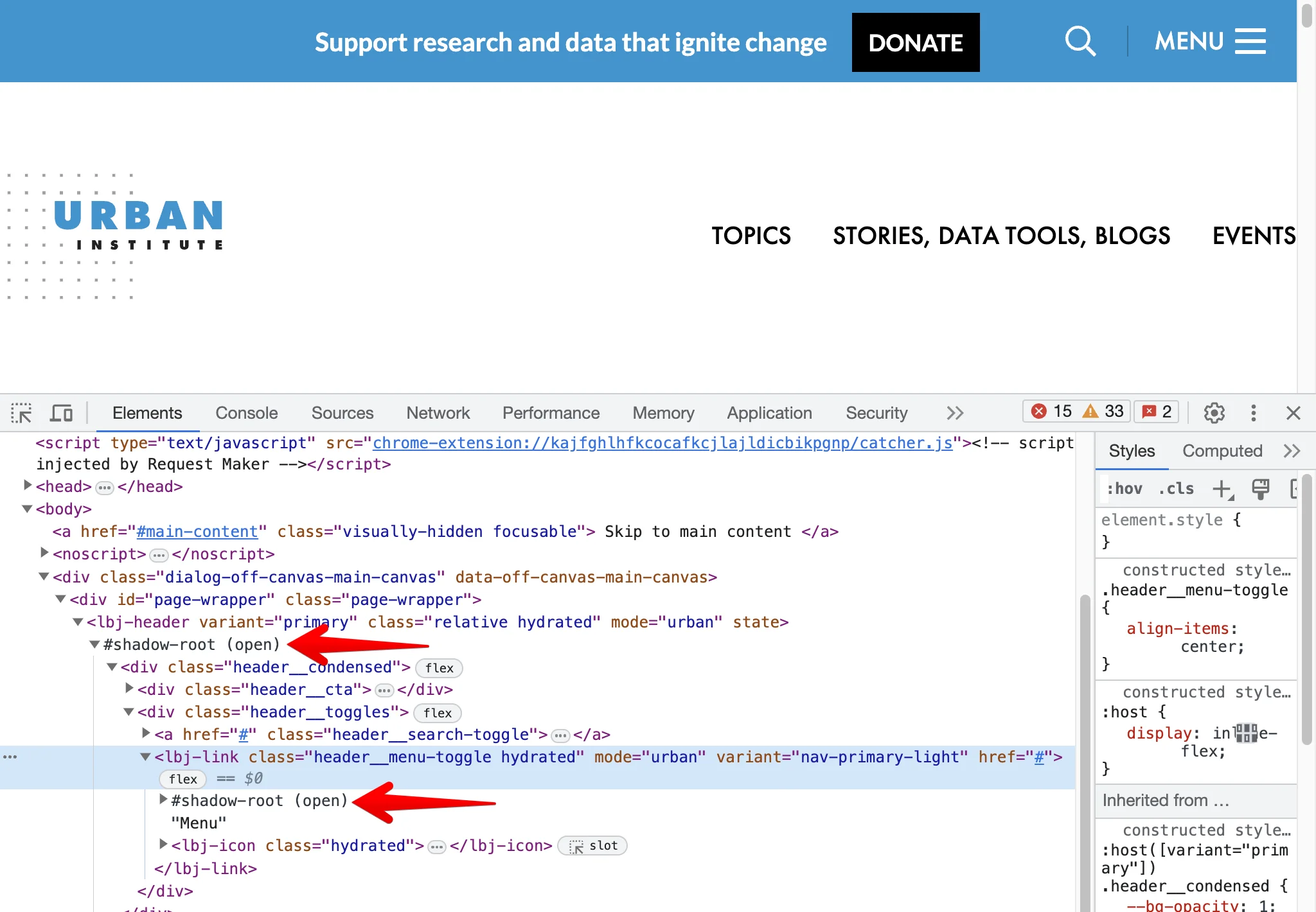 Urban.org dropdown menu implemented as a shadow root component