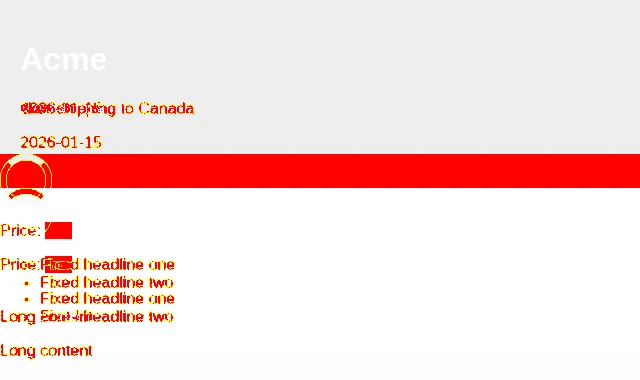 Playwright diff image after adding one line of text to a page header: the header text, a red band across the full width, and every element below it (price, list items, paragraph) highlighted in red and doubled.