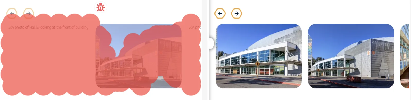 Carousel diff: venue photos are missing in one version and their alt text shows in their place.