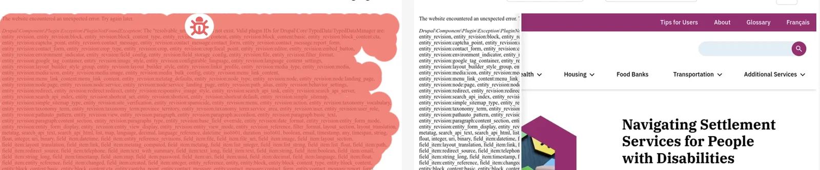 Diff of a content page replaced by a Drupal error message and a long PluginNotFoundException dump.