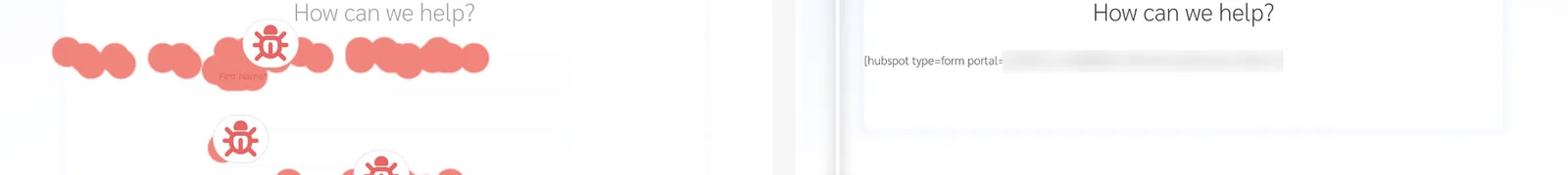 Contact page diff: the form is rendered in one version and replaced by a raw HubSpot shortcode in the other.