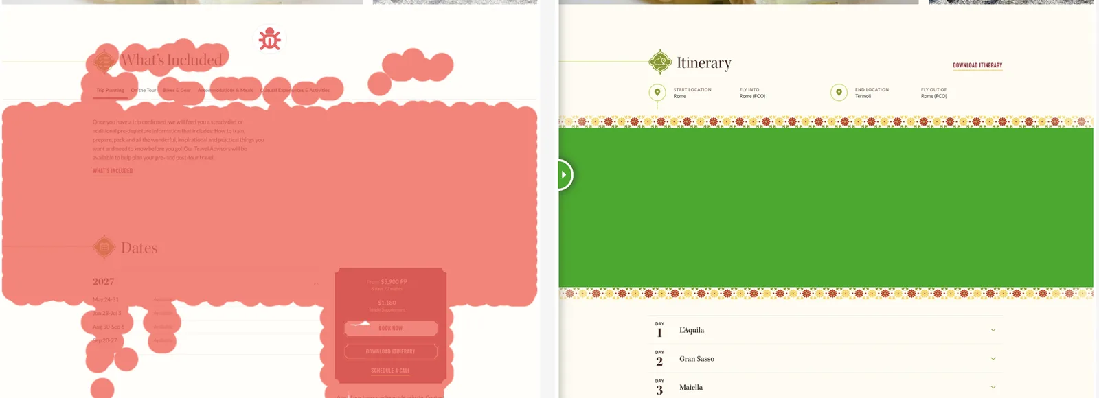 Tour page diff: the itinerary section with route map and day list is replaced by What's Included and Dates sections.