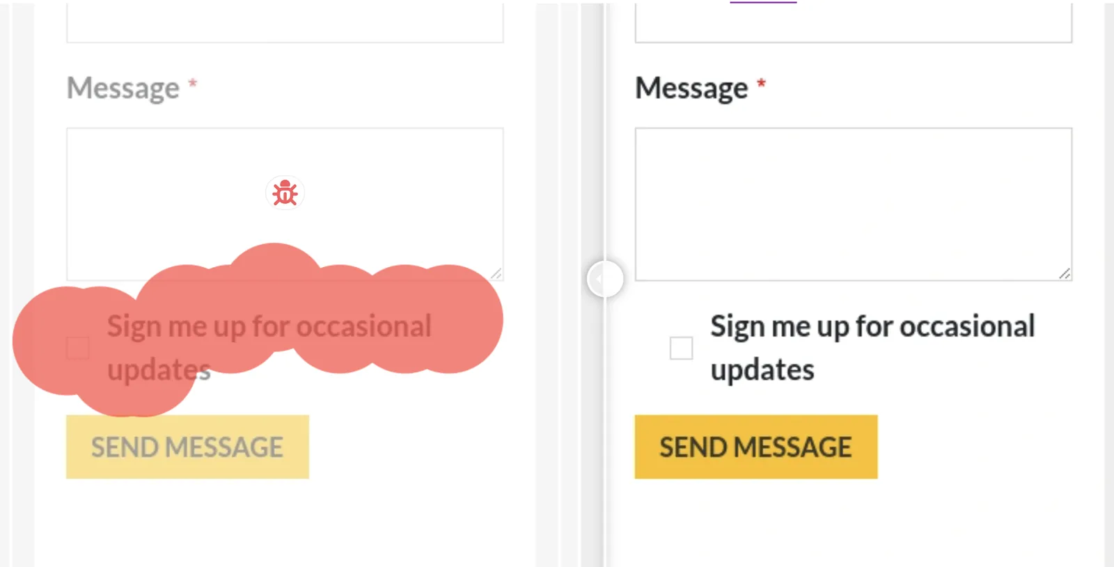 Contact form diff: the sign-up checkbox and its label drift apart and the Send Message button moves.