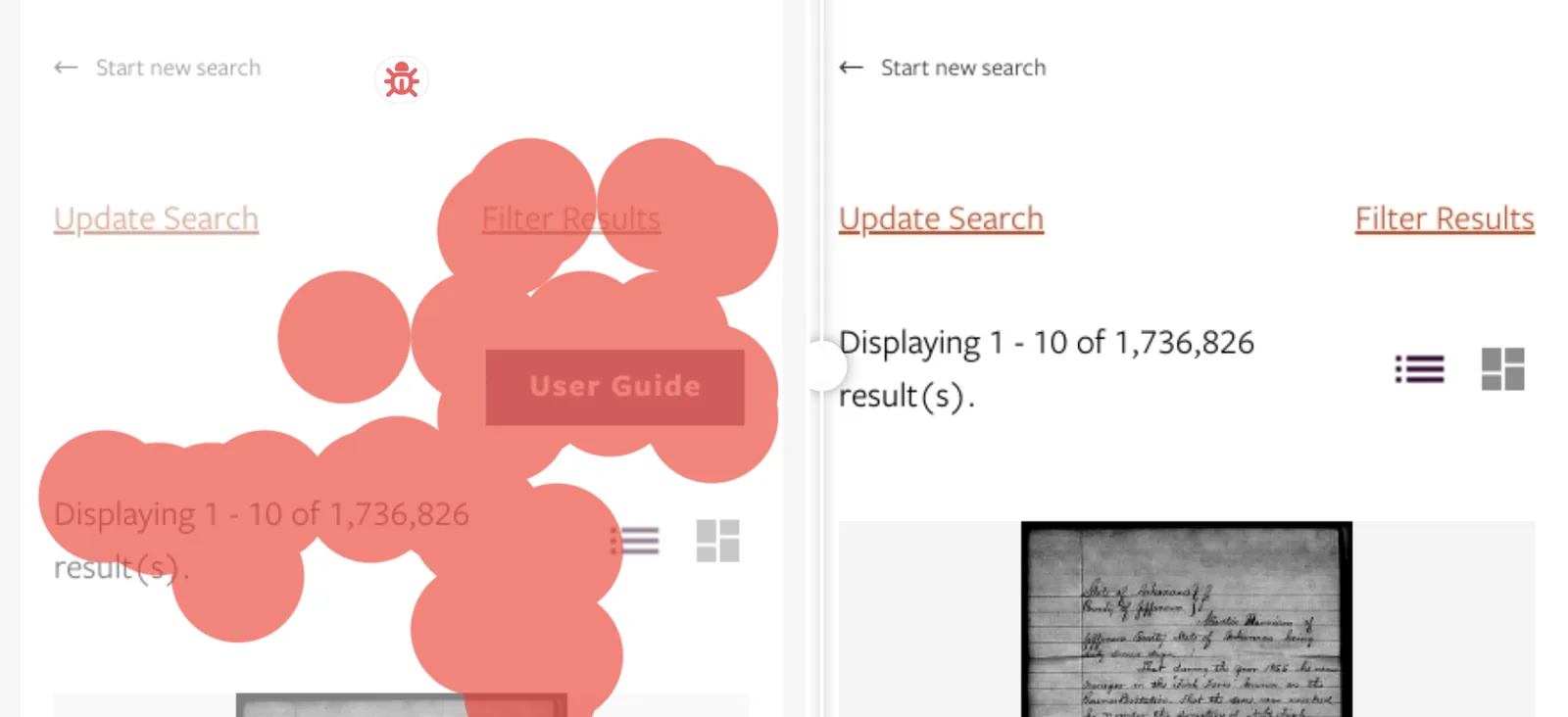 Mobile archive search diff: a User Guide button overlaps the filter links and the results count.