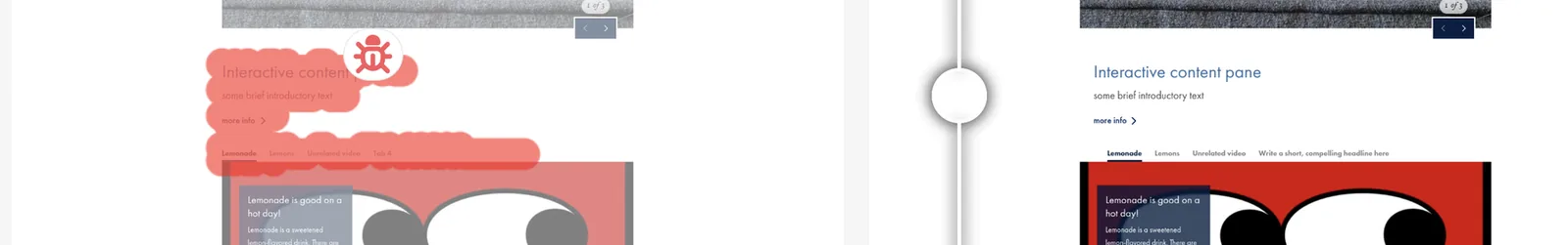 Content pane diff showing template placeholder copy on a live page, including a tab labelled Write a short, compelling headline here.