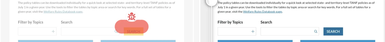 Search filter diff: the Search button is blue in one version and orange with a yellow strip in the other.