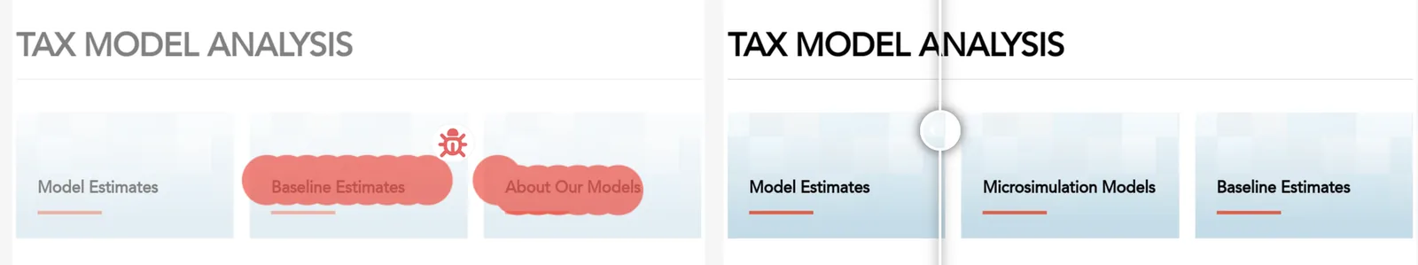 Diff of three navigation cards: the middle card is missing in one version and the others shift left.