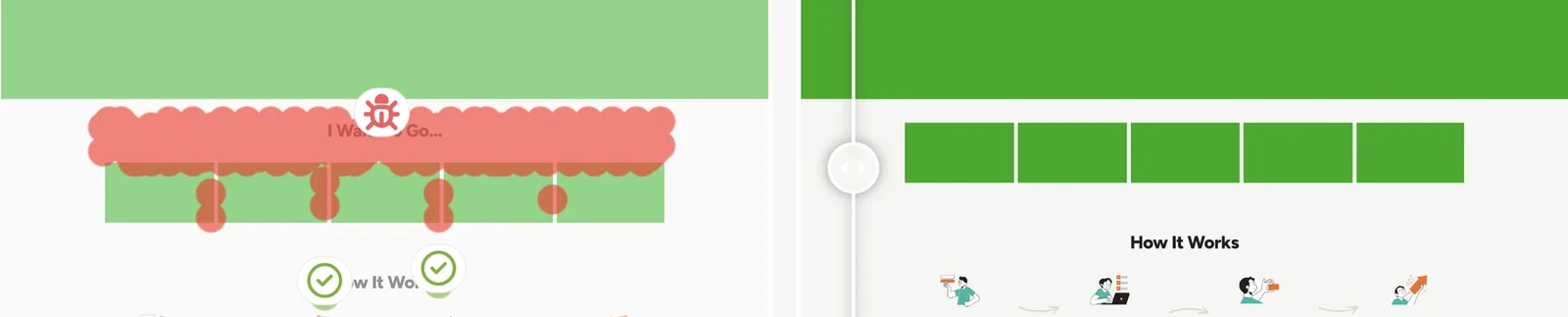 Diff of a row of green navigation tiles: the heading and every tile label are missing in one version, leaving empty boxes.
