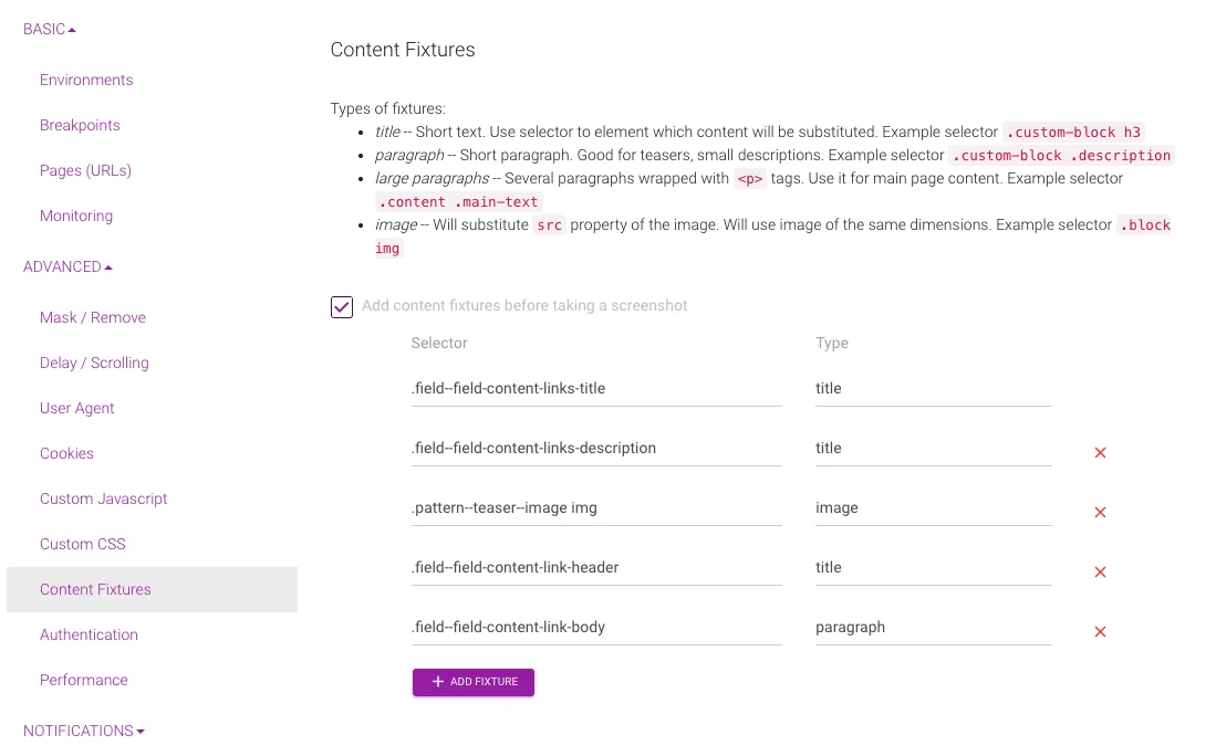Content fixtures configured in Diffy project settings