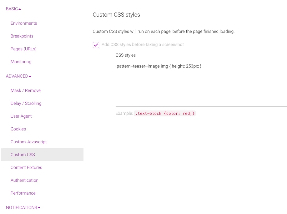 Custom CSS rules configured in Diffy project settings