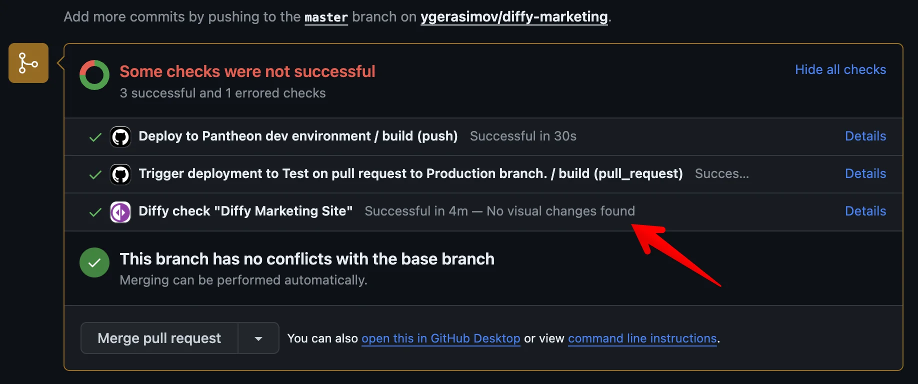 Diffy visual regression testing check reported on a GitHub pull request