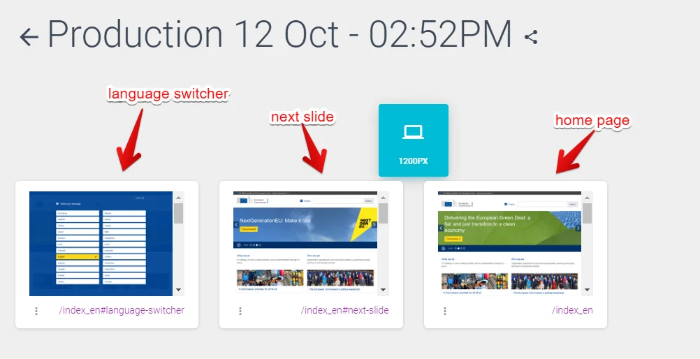 Three screenshots of the same homepage captured with different click actions