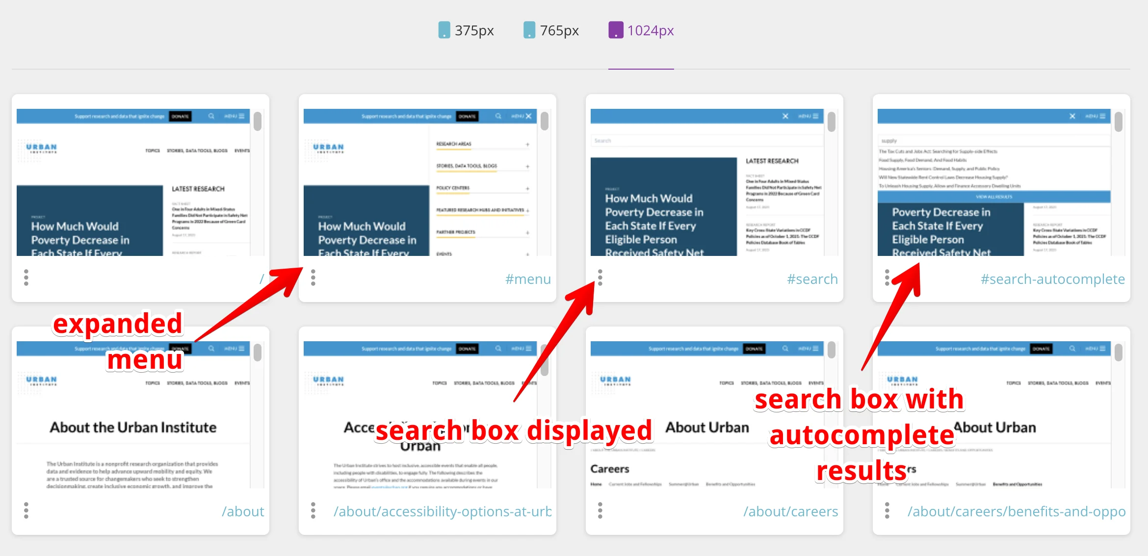 Urban.org search box with its autocomplete dropdown opened for a screenshot