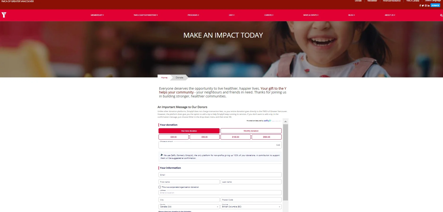 Donation page on the YMCA website used as a regression test case