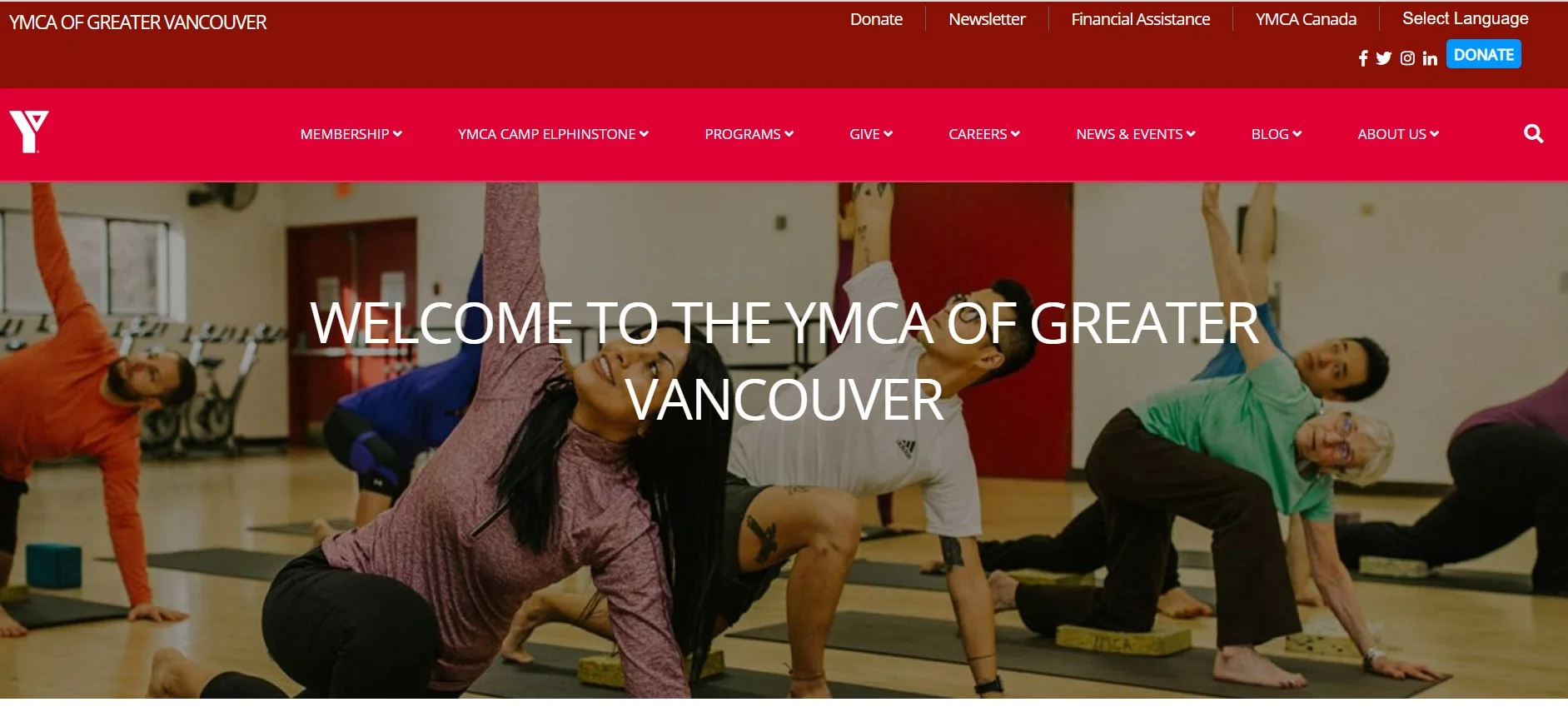 Homepage of the YMCA of Greater Vancouver nonprofit website