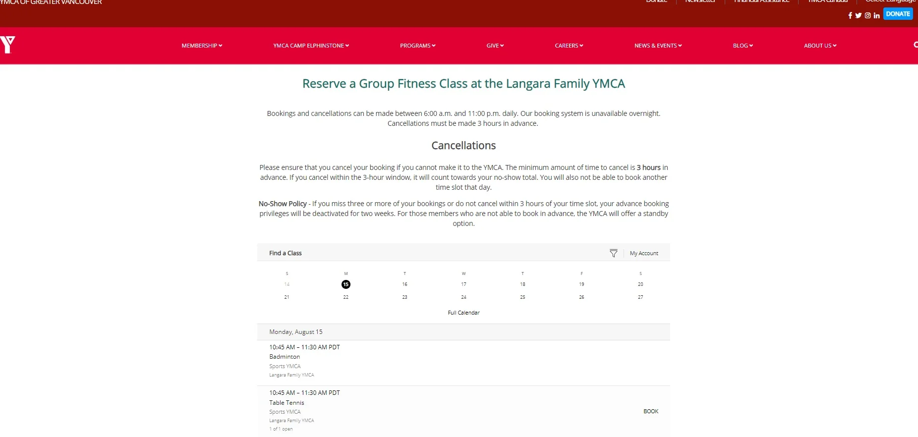 MindBody scheduling widget embedded on the YMCA website