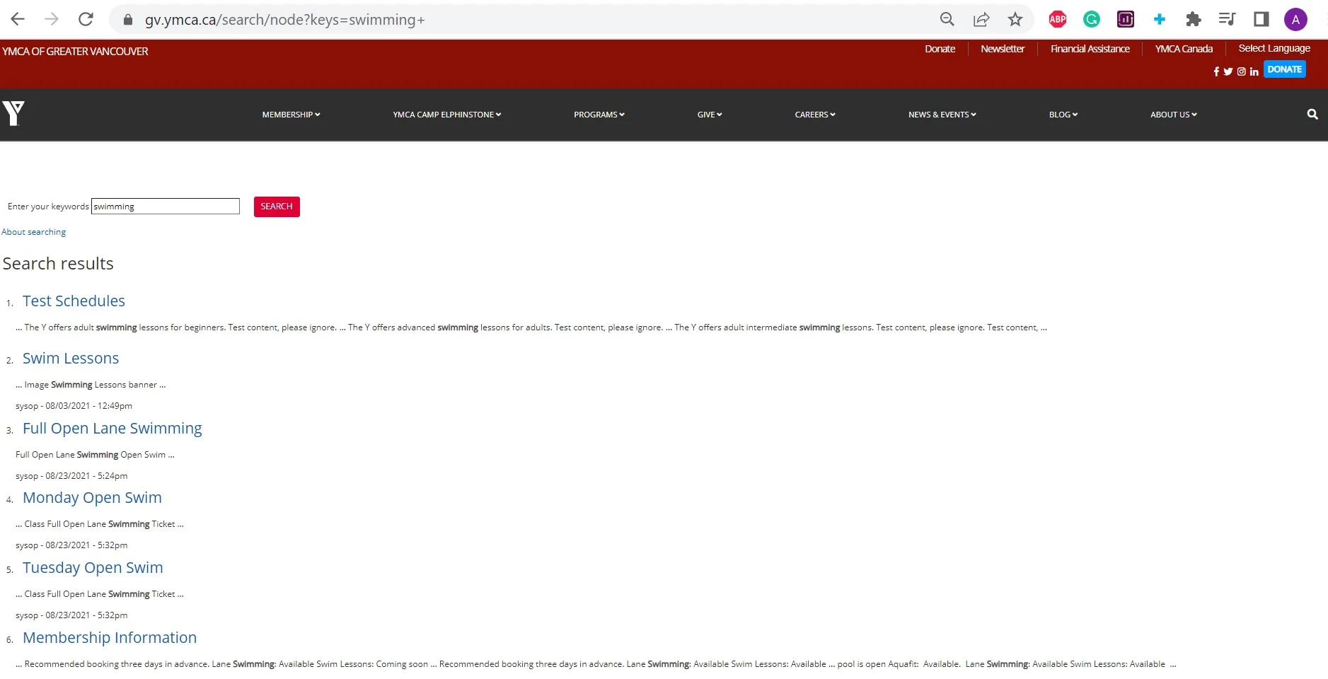 Search results page on the YMCA website