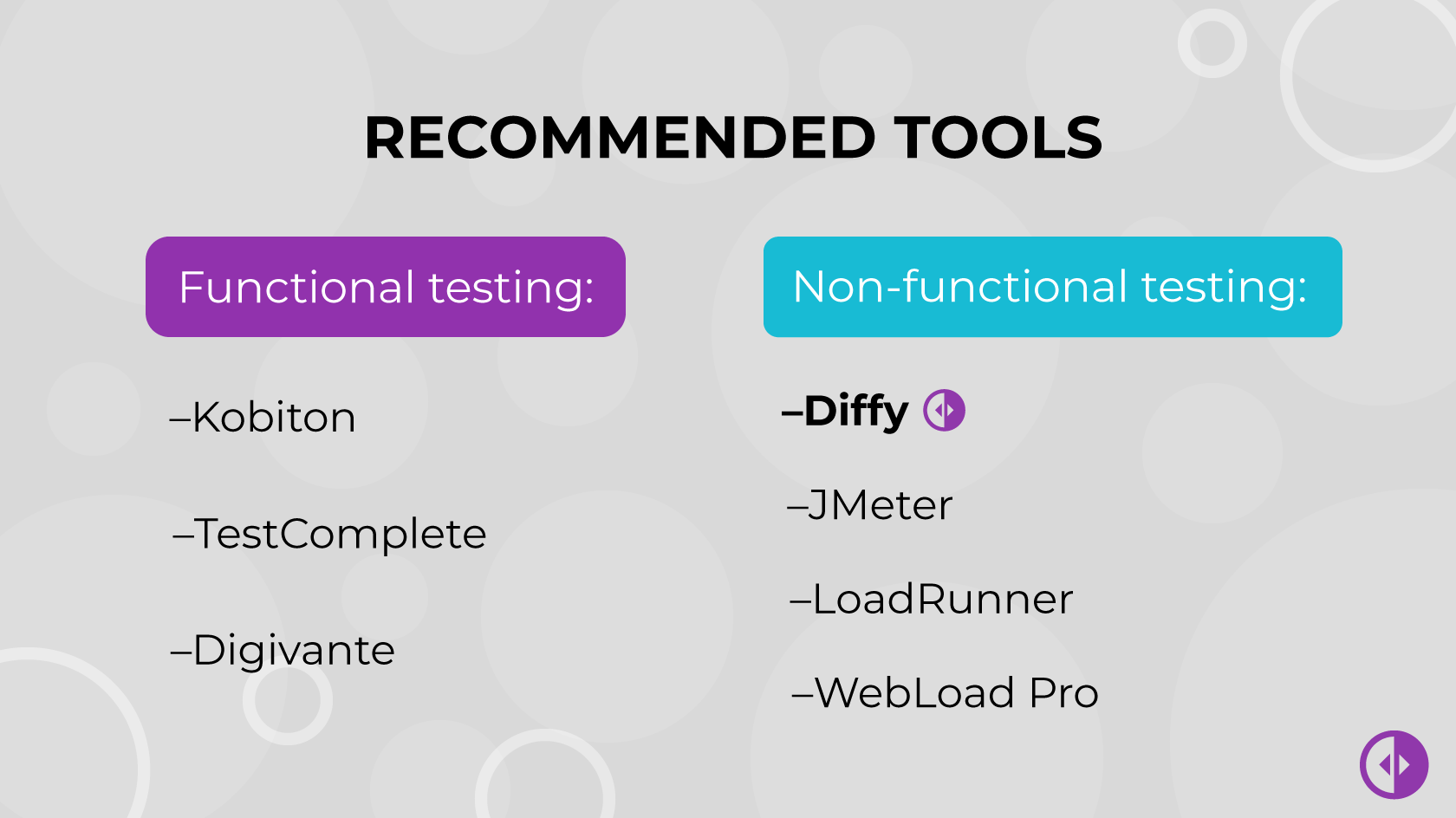 Recommended tools Kobiton Diffy JMeter