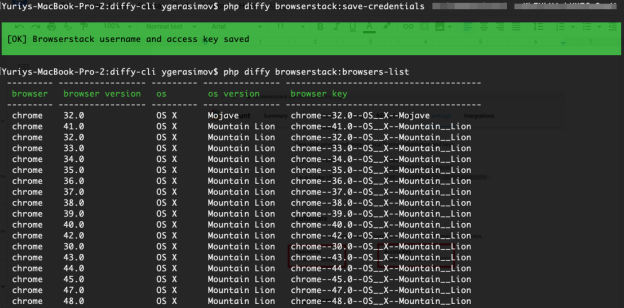 Save BrowserStack credentials. List of browsers