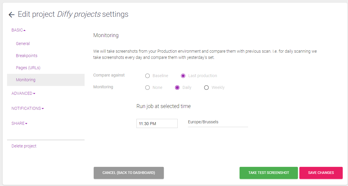 Diffy multiple sites - monitoring - Diffy Visual Regression Tool