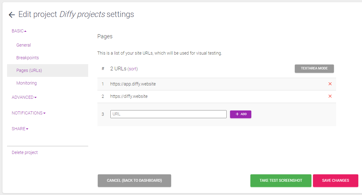 Diffy multiple sites - pages - Diffy Visual Regression Tool